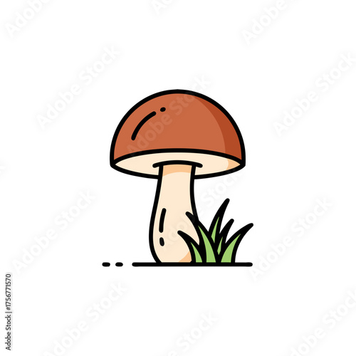 Brown mushroom growing in grass on white background  