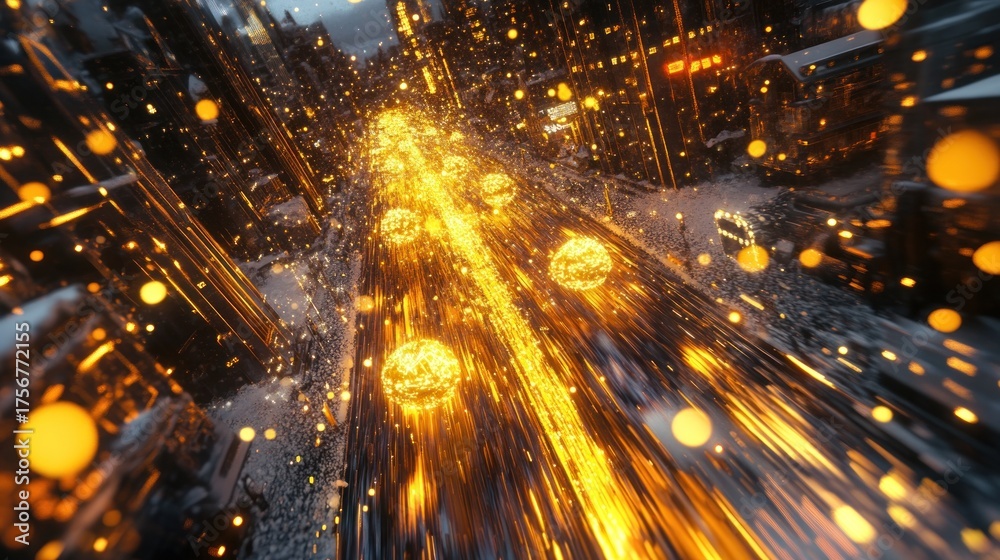 Naklejka premium A river of molten gold flowing through a snowy, futuristic city street, reflecting neon Christmas lights, high angle view