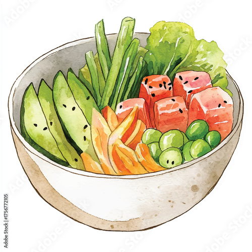 Delicious and healthy poke bowl with salmon avocado and vegetables.