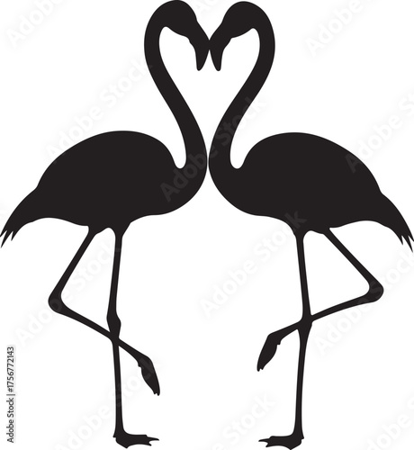 Vector art of two black flamingos forming a heart shape with their necks