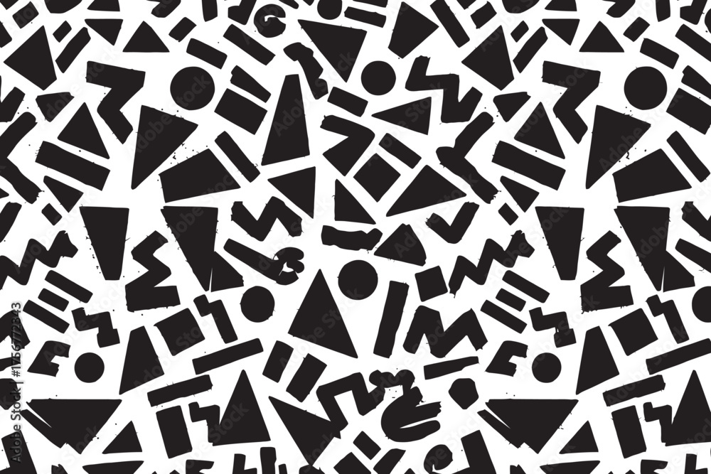 Abstract geometric memphis style pattern of black shapes on vector