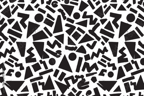Abstract geometric memphis style pattern of black shapes on vector