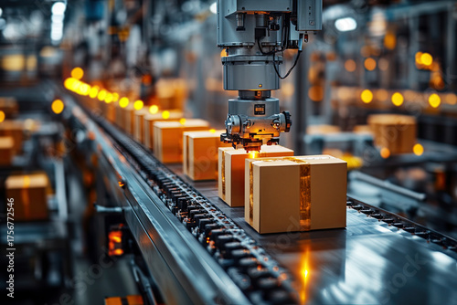 A robotic arm scan packages along a conveyor in a modern warehouse, showcasing automation in logistics and distribution.