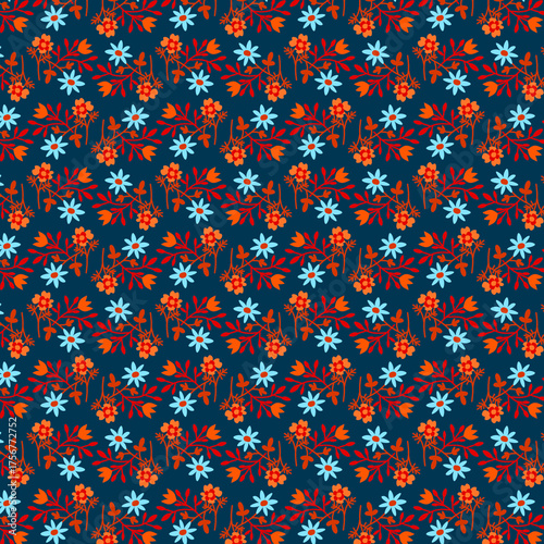 Colorful small flowers on a navy-blue background Simple abstract floral, botanical pattern Bright autumn colors