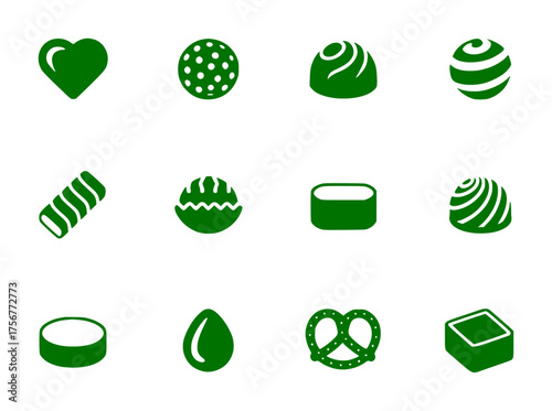 Collection of Green Chocolate and Sweet Icons on White Background