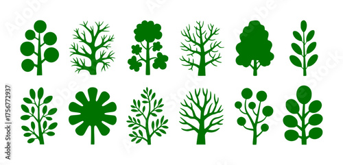 Collection of stylized green trees and plants on a white background