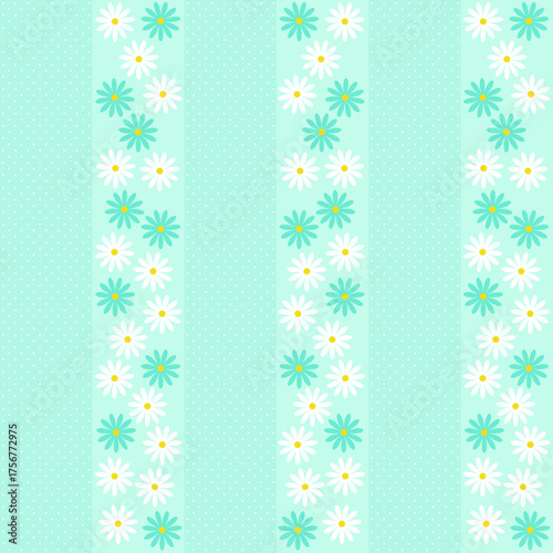 Seamless floral pattern of alternating vertical stripes of mint green polka dots, and daisy flower rows in white and green daisies with yellow centers arranged neatly on a soft pastel mint background.