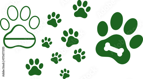Green Paw Prints and Bone Icon on White Background