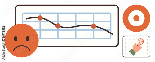 Sad face beside a chart showing a downward curve, circular target design, and finger tap icon. Ideal for business losses, failure, feedback, analytics, disappointment usability data trends. Simple