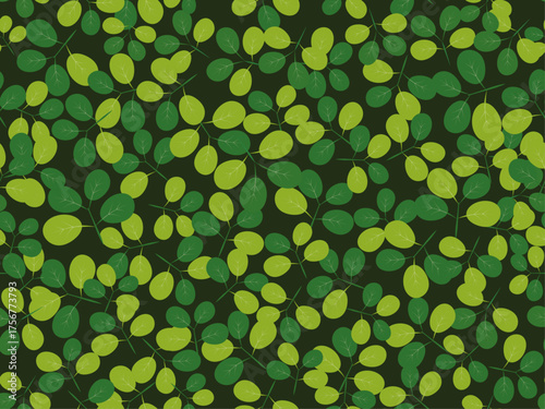 A seamless pattern of delicate green pea leaves on a dark green background, suitable for use as wallpaper, textile prints, wrapping paper, and other digital prints.