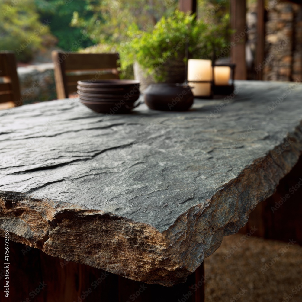 Fototapeta premium Rustic Stone Table with Cozy Candles and Greenery in Outdoor Setting