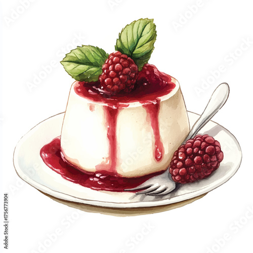 Delicious creamy panna cotta dessert topped with fresh raspberries and berry sauce.