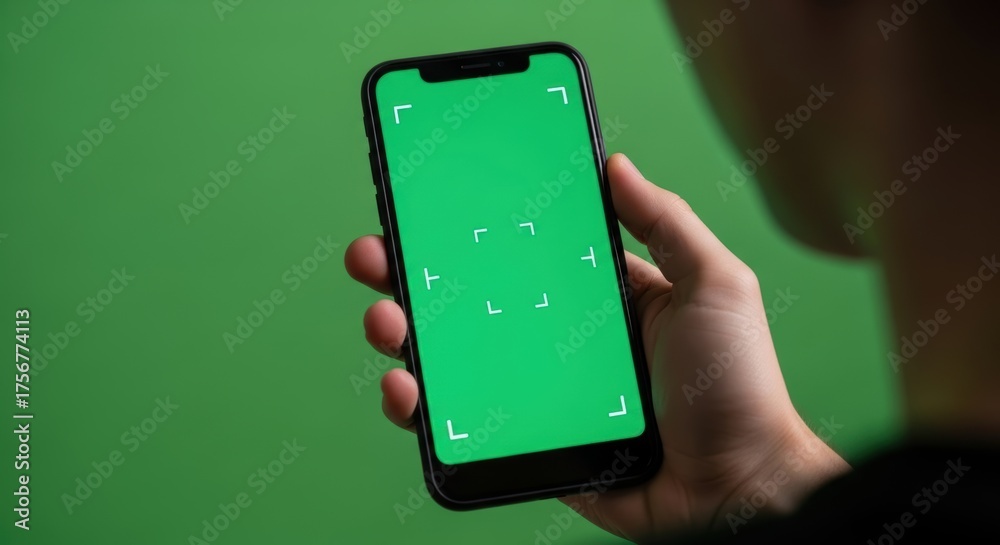 Obraz premium Orang memegang smartphone layar hijau dengan marka pelacak dari sudut pandang bahu melambangkan template mockup aplikasi digital modern