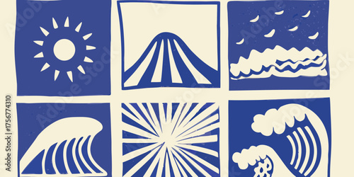 Six blue and cream graphic icons featuring sun mountain moon waves and sunburst patterns