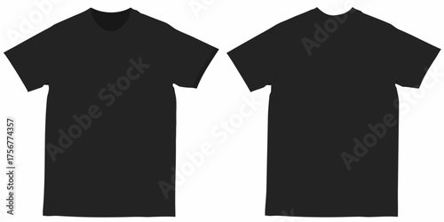 Front and back view of a plain black short sleeve t shirt on a white background