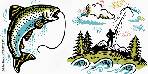 Dynamic illustration of a leaping trout and a lone fisherman casting a line in a mountain landscape