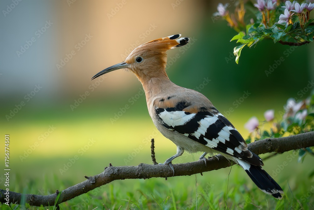 Obraz premium Eurasian hoopoe perched gracefully on a branch in a serene garden during the golden hour, showcasing its vibrant plumage and distinctive crest as it surveys its surroundings