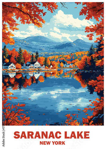 Autumn splendor at Saranac Lake with vibrant fall foliage reflecting on the calm water, portraying the serene beauty of New York State