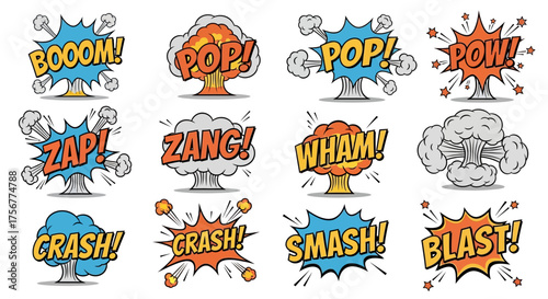 Comic book style burst illustrations of sound effects like boom crash zap and blast