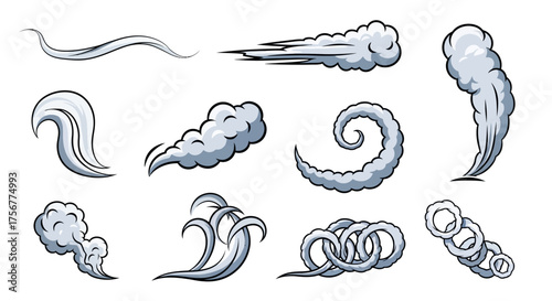 Comicstyle smoke and wind effects nine gray stylized illustrations of motion air and vapor trails