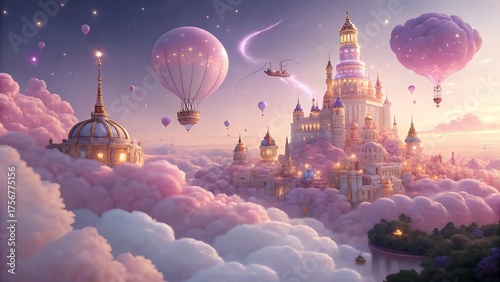 A breathtaking view of a fantasy kingdom nestled among fluffy pink clouds, with hot air balloons drifting serenely, creating a dreamy and magical atmosphere