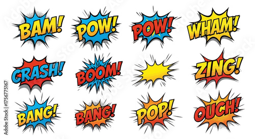 Comicstyle sound effects with words like BAM POW and CRASH in colorful starburst shapes