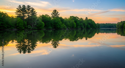 Beautiful Lake at Sunset with Forest Reflection and Colorful Sky