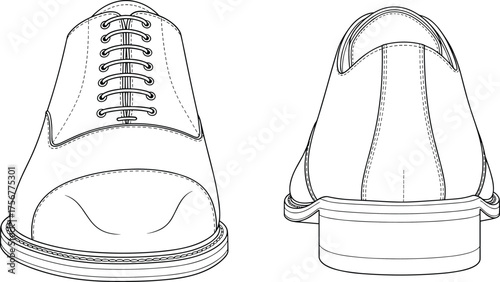 Dress shoe technical sketch, front and rear view illustration, toe cap detail, lacing system, heel seam, fashion design vector
