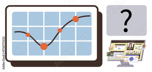 Growth trend with plotted data points on tablet screen alongside a question mark and desktop multitasking setup. Ideal for analytics, strategy, technology, research, planning, problem-solving