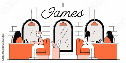 Stylish Hair Salon Vector Scene with Customers: Contemporary Interior Design of Barber Shop Featuring Clients Receiving Haircuts in Elegant and Minimalist Illustration