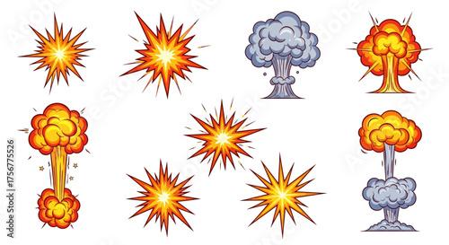Eight cartoonstyled explosion graphic elements are arranged on a white background