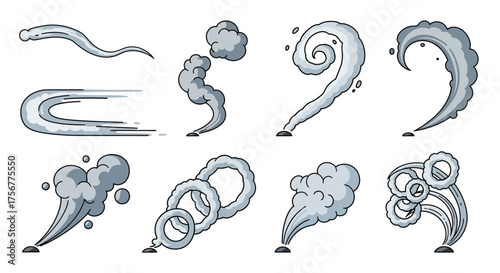 Eight grey cartoon smokesteam clouds of varying shapes rise from black spots