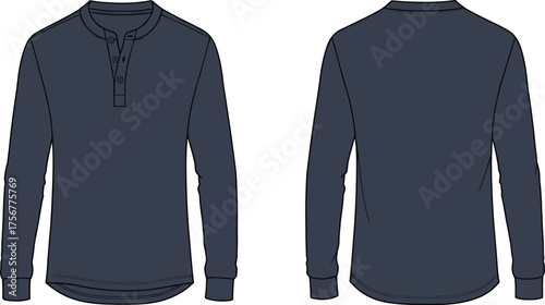 Henley shirt technical sketch, fashion flat drawing, front and back view, round neckline, button placket, long sleeve garment illustration