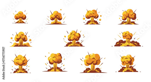 Eleven cartoonish yelloworange explosion illustrations arranged in a grid