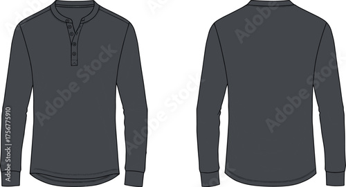Henley shirt technical sketch, fashion flat drawing, front and back view, round neckline, button placket, ribbed cuff garment illustration