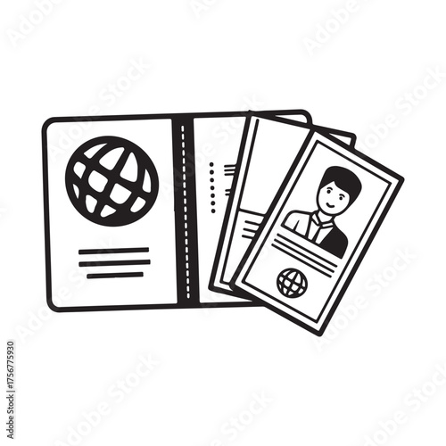 Hand drawn illustration of a passport and identification card
