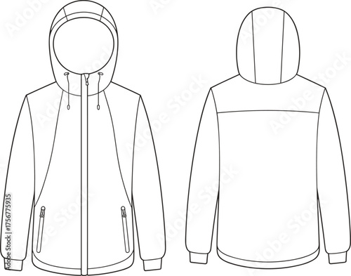 Hooded jacket technical sketch, front and back view, zipper pockets, drawstring hood, yoke detail, fashion design, vector line art