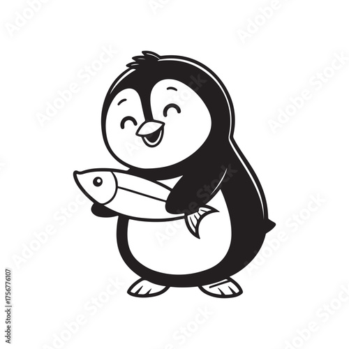 Cute cartoon penguin holding a fish with a happy expression