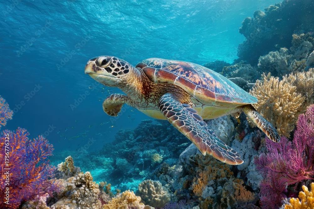 Fototapeta premium Green sea turtle gliding gracefully among vibrant coral reefs in clear tropical waters during a sunny day