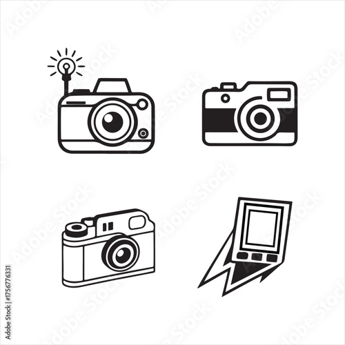 Vintage and modern camera illustrations in a simple line art style