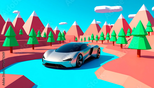 Silver futuristic sport car traveling on a blue river road, surrounded by vibrant low poly mountains and trees