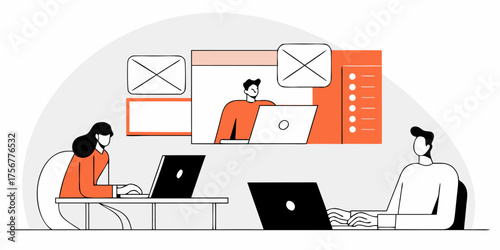 Online Video Meeting Illustration Vector Call Conference for Remote Collaboration Teamwork and Digital Communication with Workspace Setup and Technology