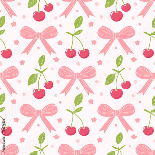 Seamless Pattern of Pink Bows and Cherries