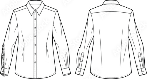 Long sleeve shirt technical sketch, front and back view, pointed collar, button placket, pleated cuffs, fashion design, vector line art