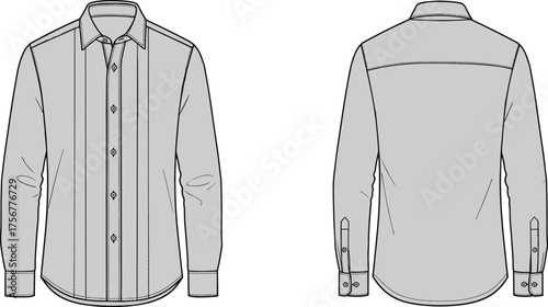 Men’s button-up shirt, fashion illustration, technical sketch, long sleeves, classic collar, button placket, shoulder yoke, garment design, vector art