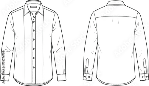 Men’s button-up shirt, fashion illustration, technical sketch, long sleeves, classic collar, vertical panels, shoulder yoke, garment design, vector art