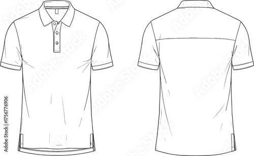 Men’s polo shirt technical sketch, short sleeve fashion flat, collar placket, cuff detail, yoke back, apparel design template