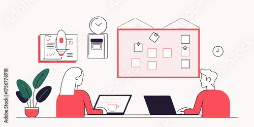 Project Management Illustration Showcasing Agile Methods, Task Boards, Kanban, Planning, Teamwork, and Scheduling