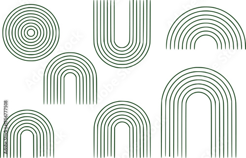 Abstract Geometric Rainbow and Circle Designs in Dark Green