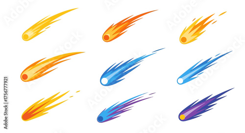 Nine colorful cartoonstyle comets streak across a plain white background